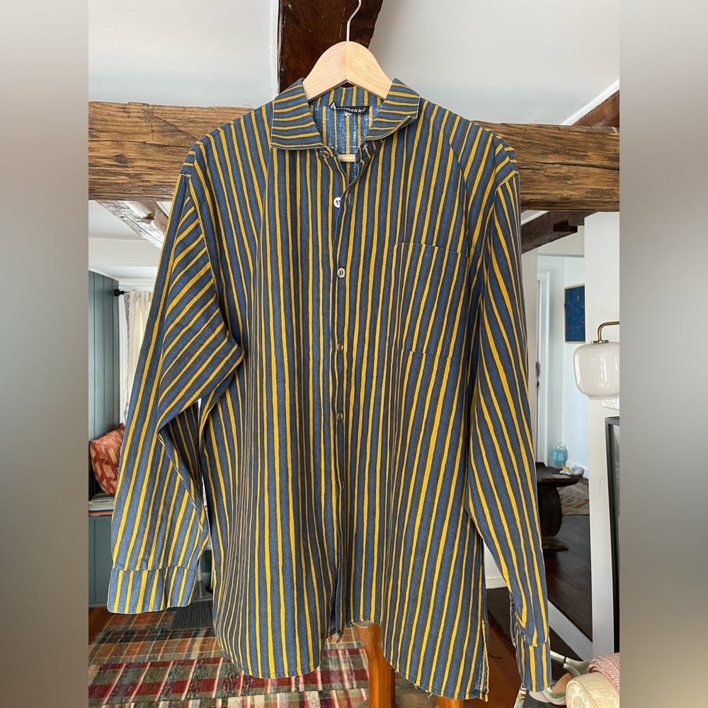Marimekko Blue and Yellow Striped Casual Button Down Shirt